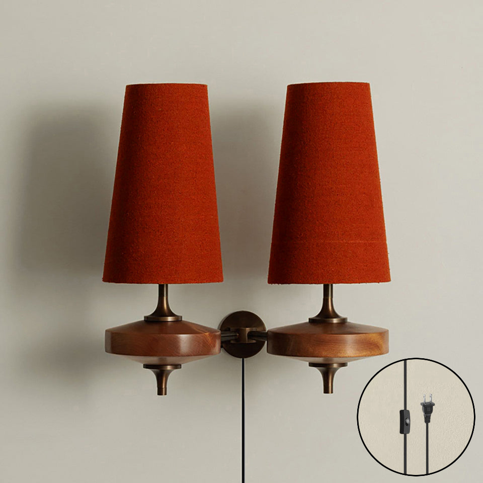 Design Wandlamp met Stekker in Hout en Messing – Natuurlijke Verlichting met Stoffen Kap 1 of 2 Lichtpunten | Restfield