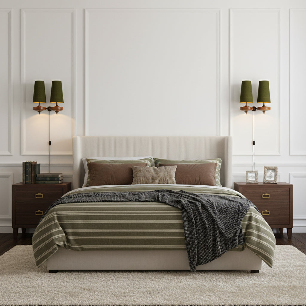 Design Wandlamp met Stekker in Hout en Messing – Natuurlijke Verlichting met Stoffen Kap 1 of 2 Lichtpunten | Restfield