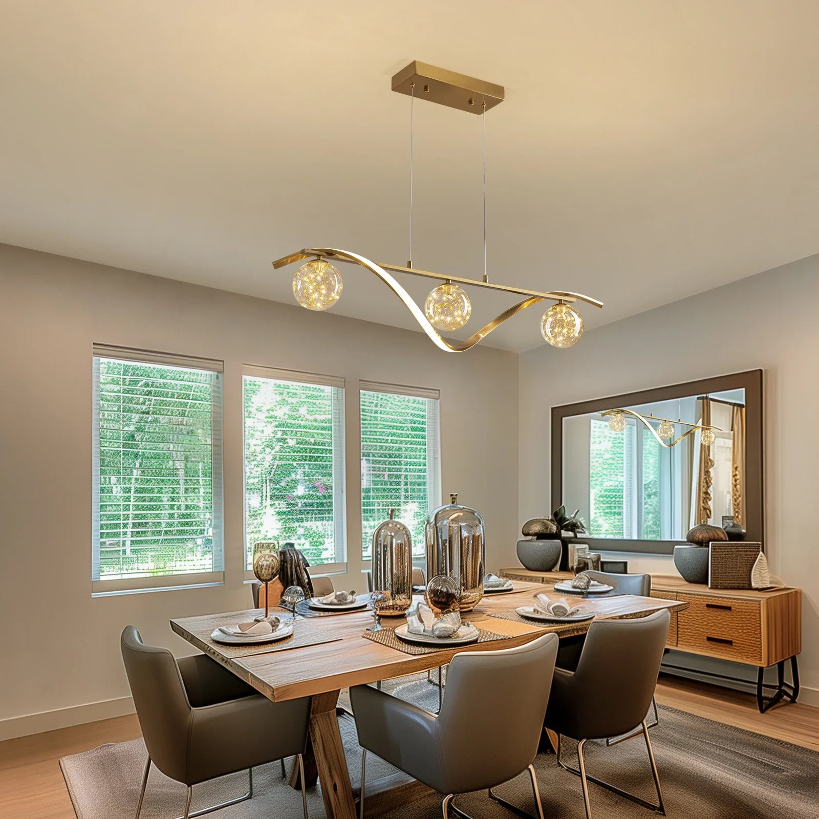 Hanglamp Lineair Glazen Bollen LED Strip Goud Chroom 100cm Eetkamer Keukeneiland Modern | Restfield