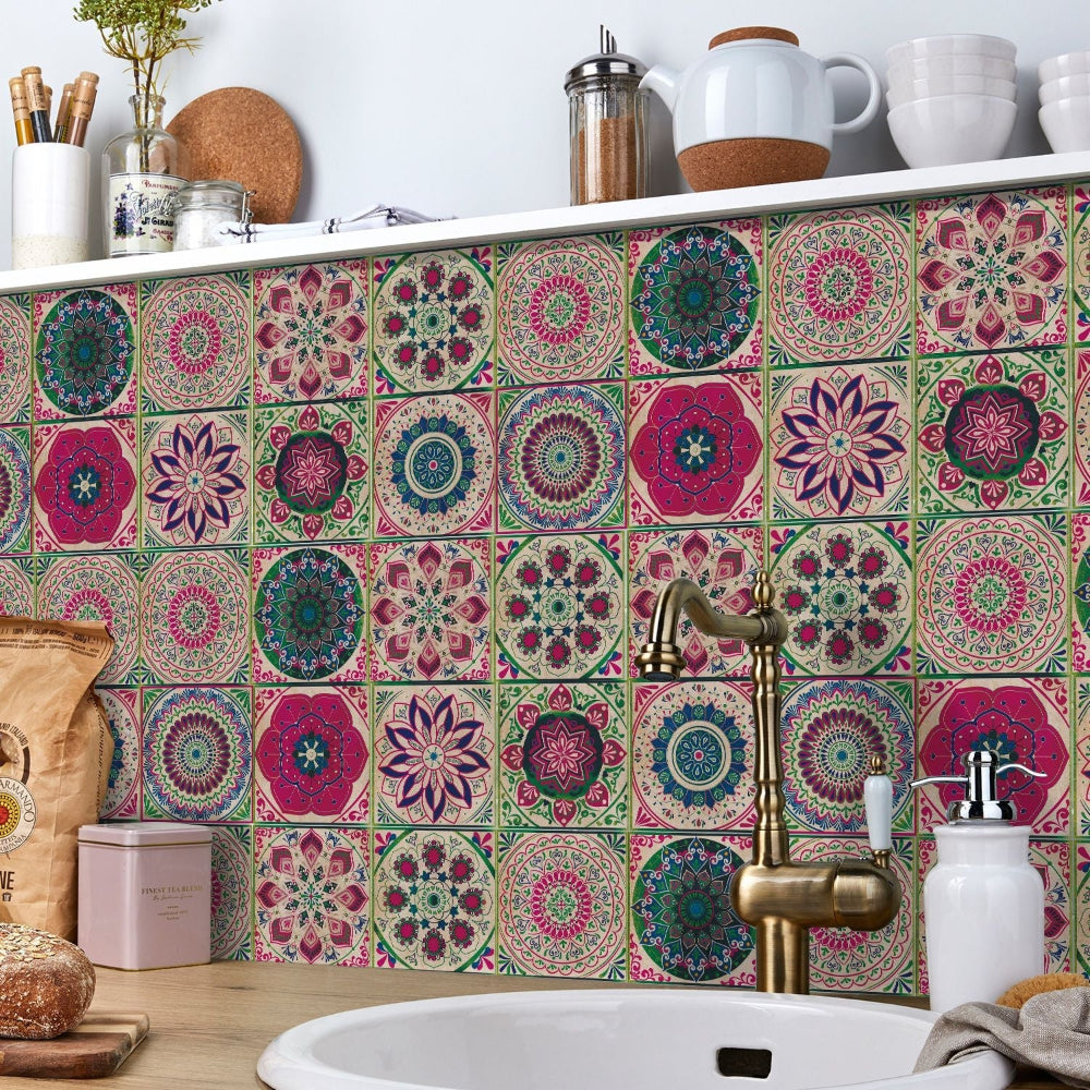 Zelfklevende Portugese tegelstickers met kleurrijk mandala patroon voor keuken en badkamer wanddecoratie set van 24 stuks | Restfield