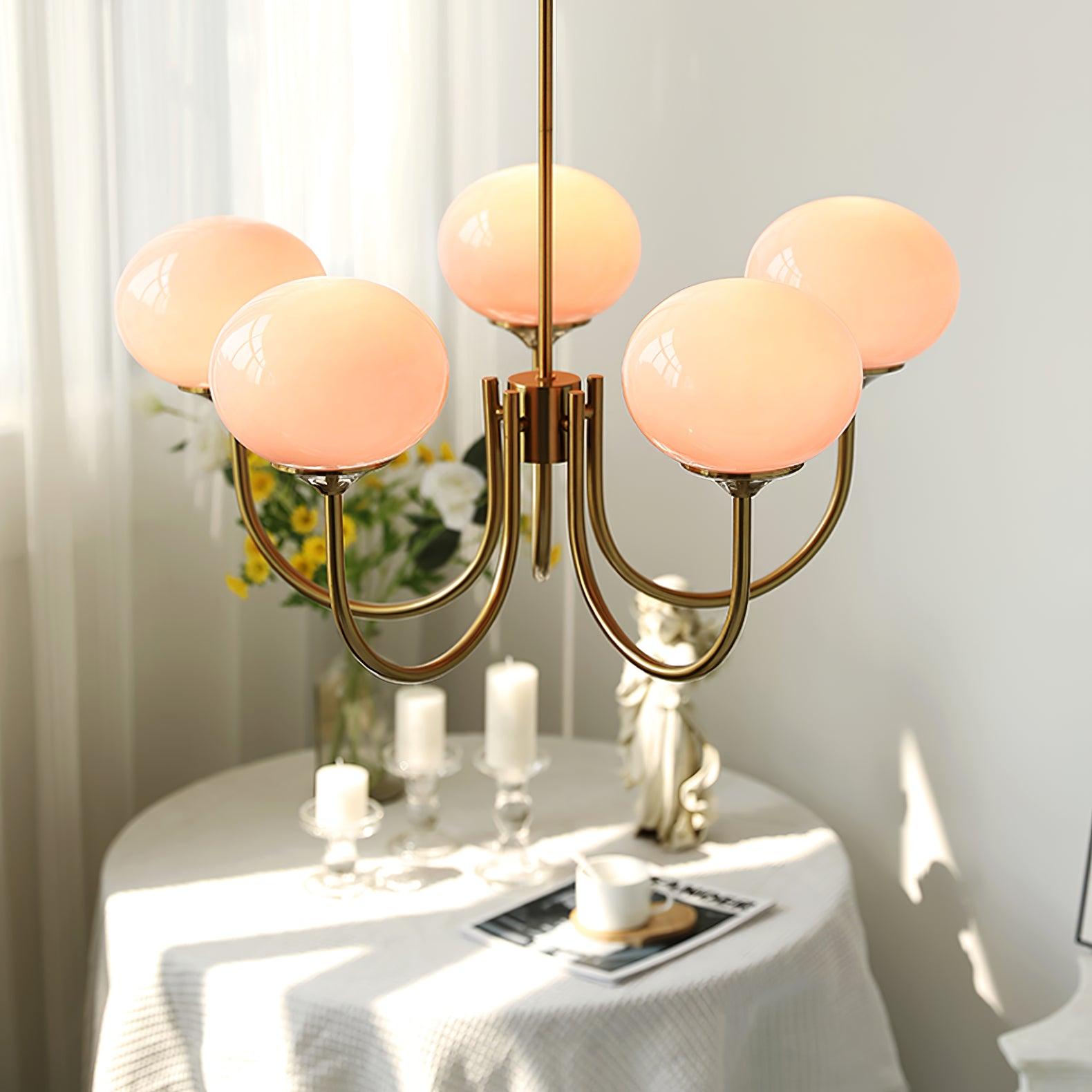 Glazen Kroonluchter Met Roze Witte Of Creme Bollen En Gouden Of Chromen Frame Moderne Design Kroonluchter Met 3 Of 5 Lichtpunten Voor Woonkamer En Eetkamer | Restfield