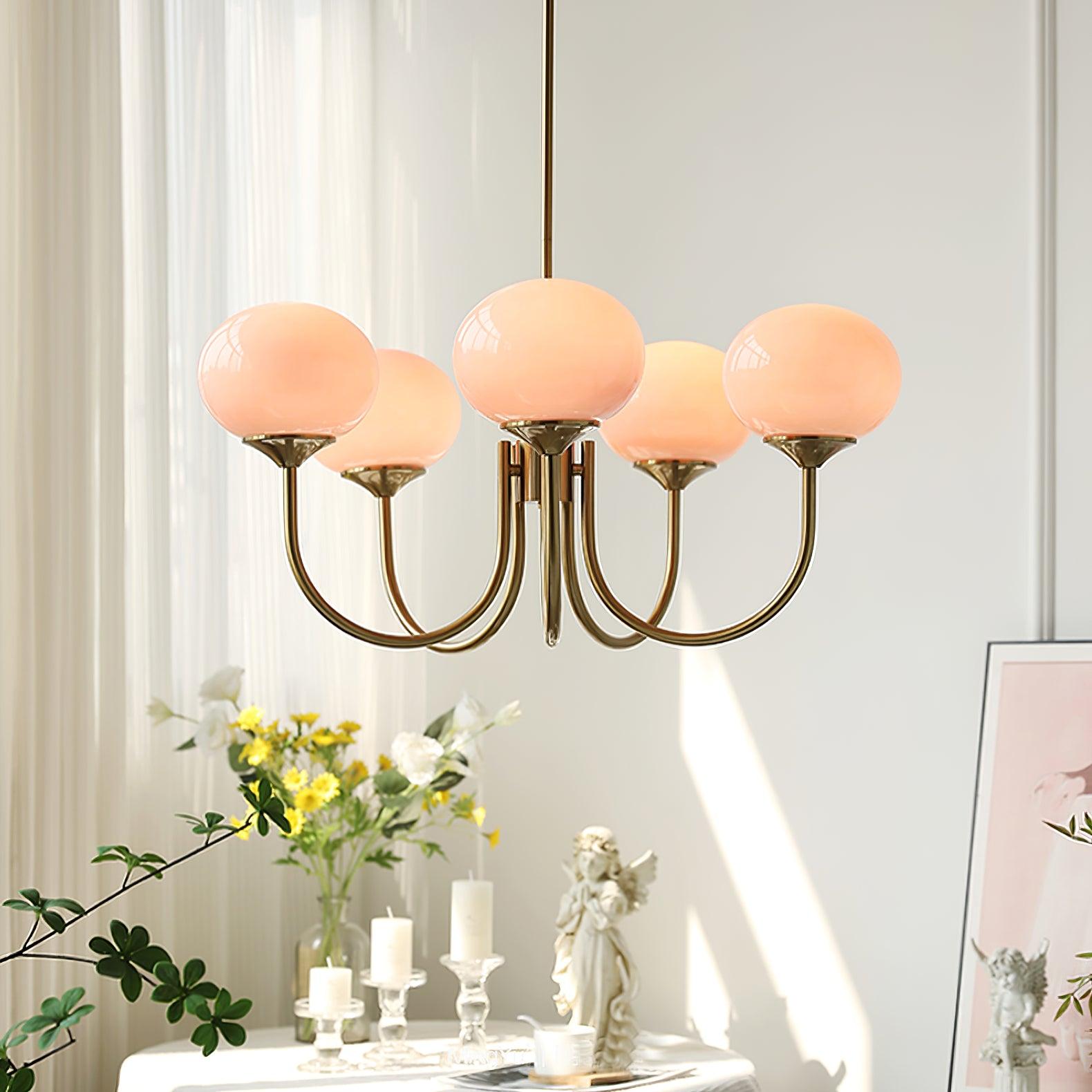 Glazen Kroonluchter Met Roze Witte Of Creme Bollen En Gouden Of Chromen Frame Moderne Design Kroonluchter Met 3 Of 5 Lichtpunten Voor Woonkamer En Eetkamer | Restfield