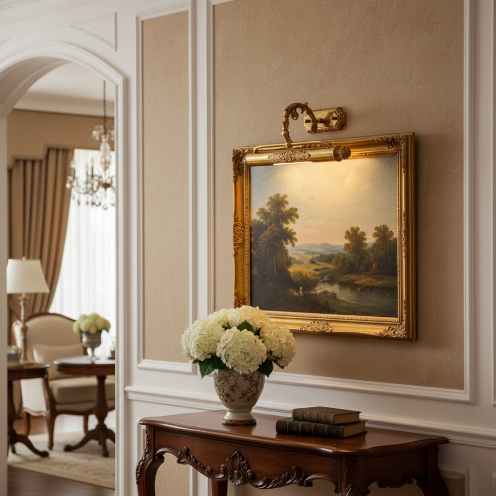 Messing Schilderij Wandlamp met Geïntegreerde Verlichting – Luxe Galerijverlichting in Antiek Messing | Restfield