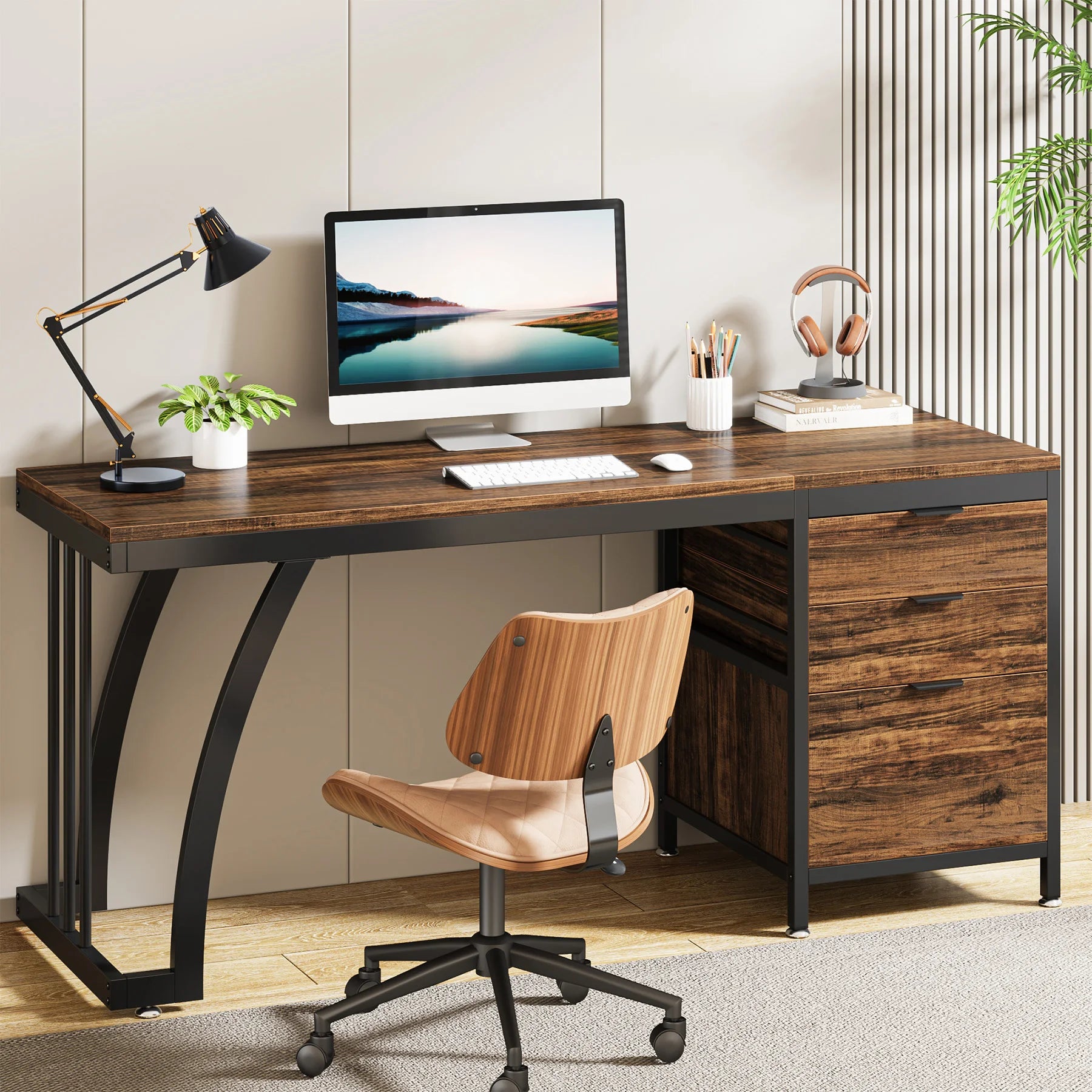 Bureau met Lades Industrieel 150cm Hout Staal Rustiek Bruin Omkeerbaar Thuiskantoor Werkstation