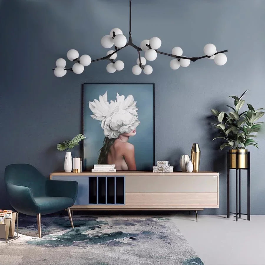 Suspension Structure Branches Verre Mat Or Noir G4 LED Salon Salle à Manger Scandinave Moderne 12 18 24 Boules | Restfield