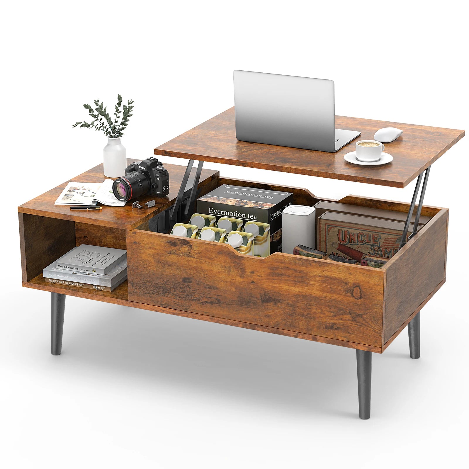 Salontafel Lift Top MDF Zwart Bruin Verborgen Opbergruimte Modern Woonkamer Bureau 100x50cm | Restfield