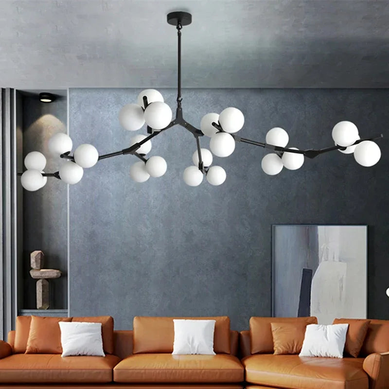 Suspension Structure Branches Verre Mat Or Noir G4 LED Salon Salle à Manger Scandinave Moderne 12 18 24 Boules | Restfield