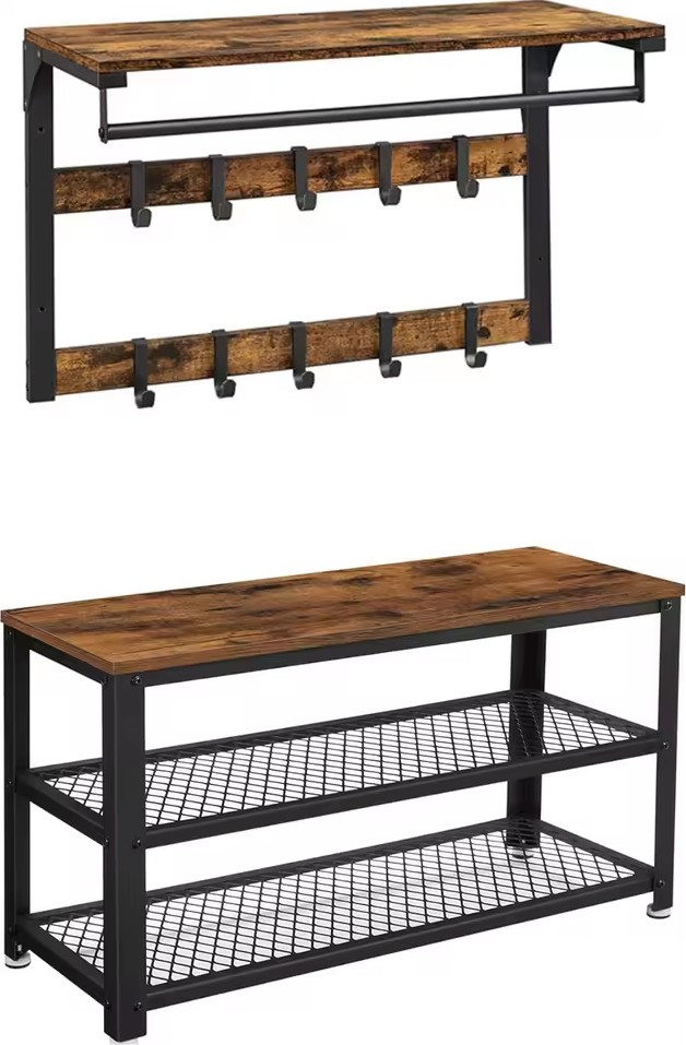 Garderobeset Industrieel Kapstok Met Schoenenbank Hout Metaal | Restfield