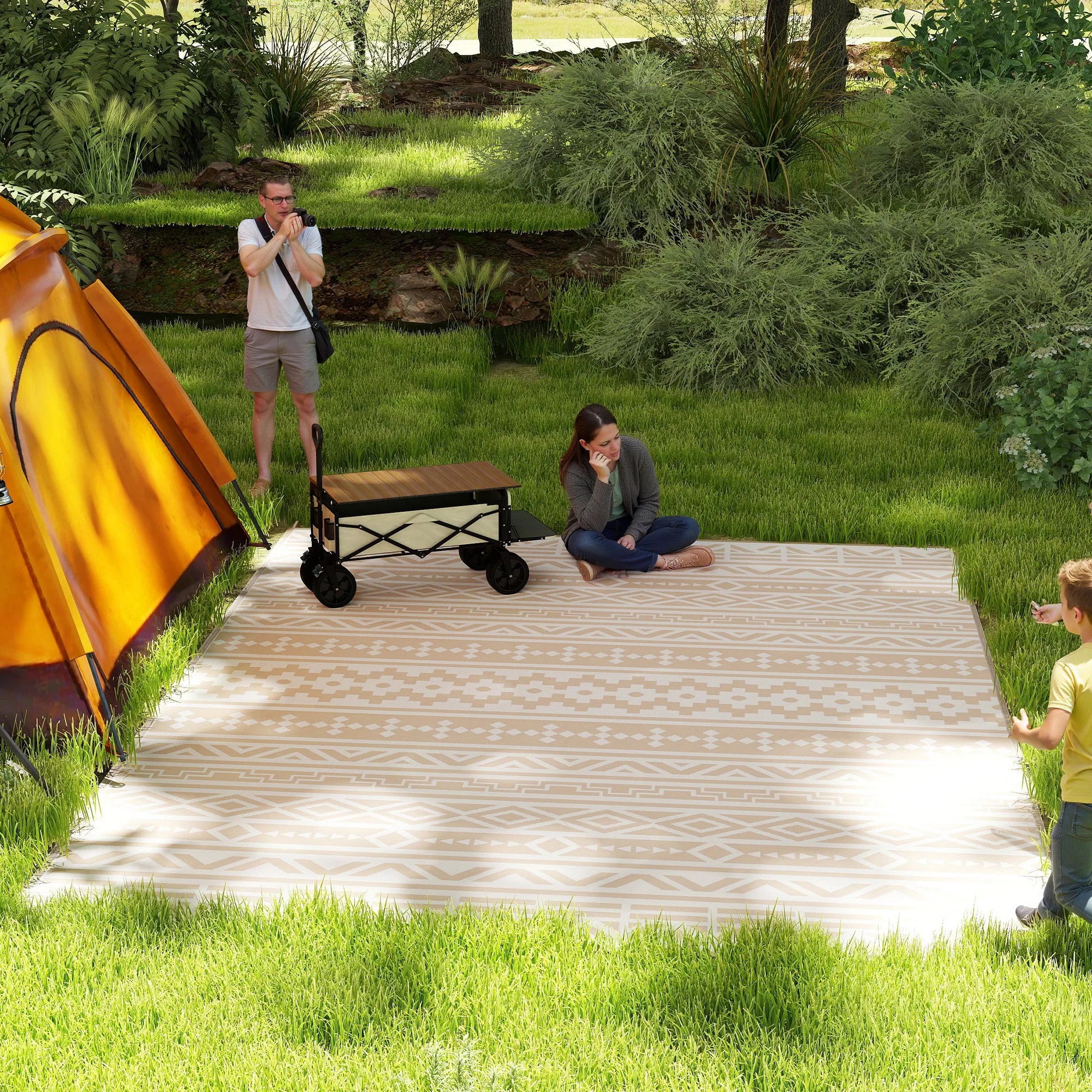 Buitenkleed Omkeerbaar 365x274cm Beige Polypropyleen Tuinkleed Camping Picknick Terras Vloermat Opvouwbaar Transporttas | Restfield