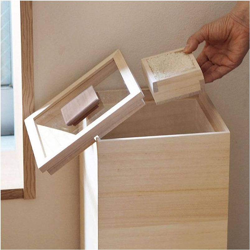 Boîte à Riz Bois Hinoki Japonais 5kg Couvercle Acrylique Tasse à Mesurer Rangement Cuisine | Restfield