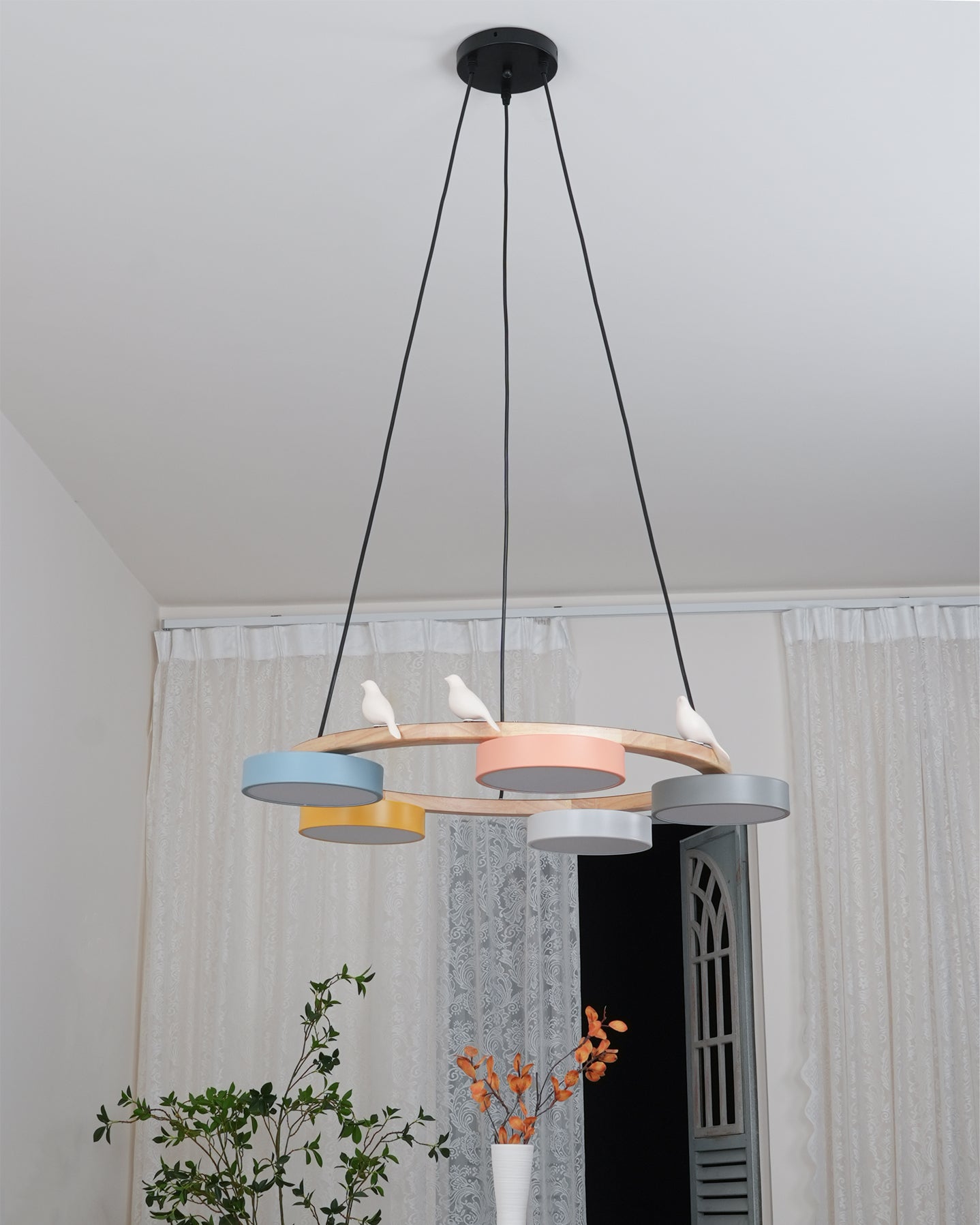 Ronde Hanglamp Met Vogels Houten Ring LED 65cm 72cm | Restfield