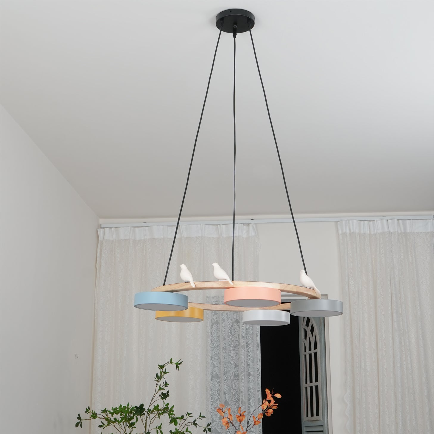 Ronde Hanglamp Met Vogels Houten Ring LED 65cm 72cm | Restfield