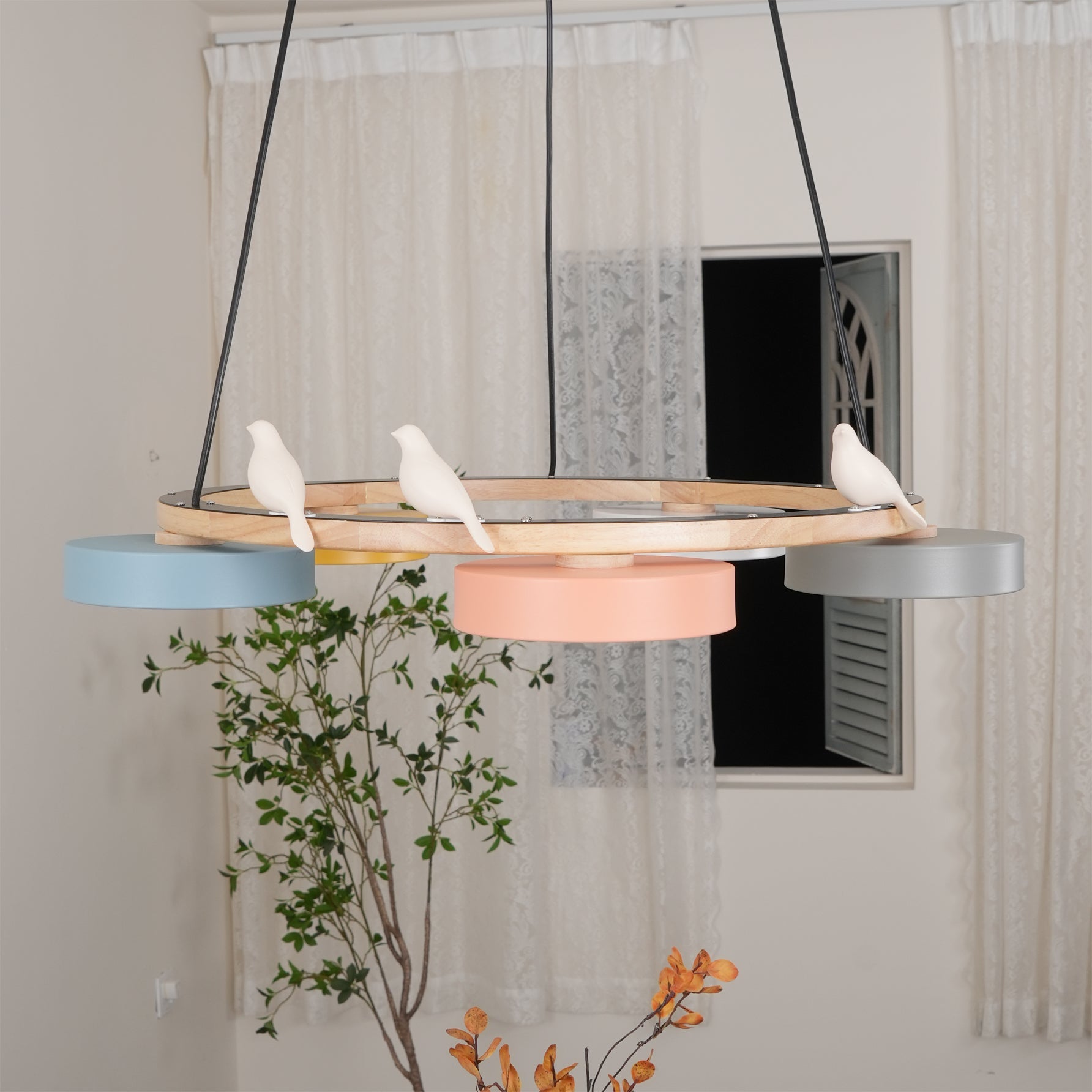 Ronde Hanglamp Met Vogels Houten Ring LED 65cm 72cm | Restfield
