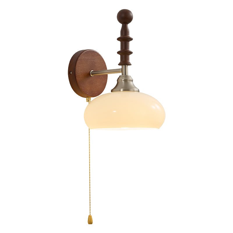 Vintage Wandlamp Met Trekkoord, Walnoot Houten Wandplaat En Opaalglazen Kap | Restfield