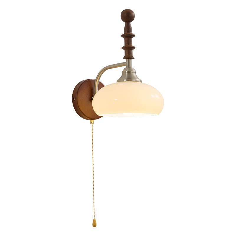 Vintage Wandlamp Met Trekkoord, Walnoot Houten Wandplaat En Opaalglazen Kap | Restfield