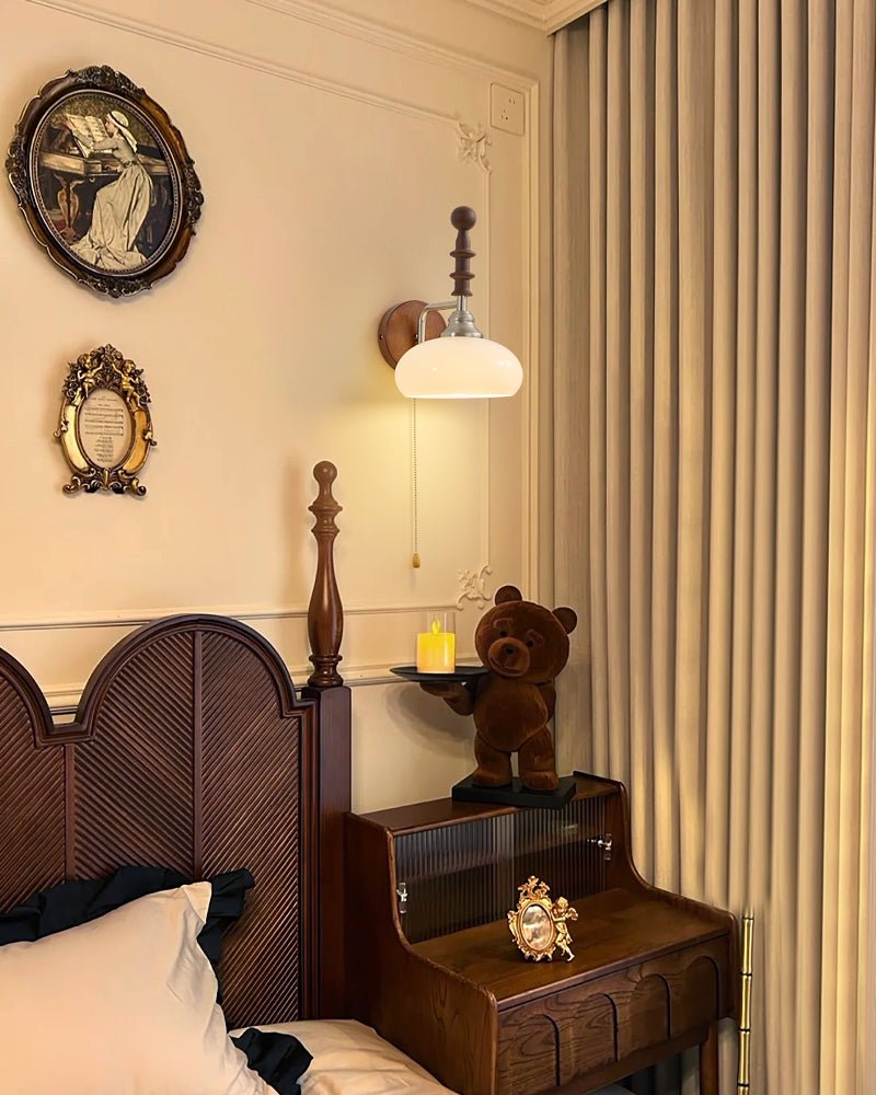 Vintage Wandlamp Met Trekkoord, Walnoot Houten Wandplaat En Opaalglazen Kap | Restfield