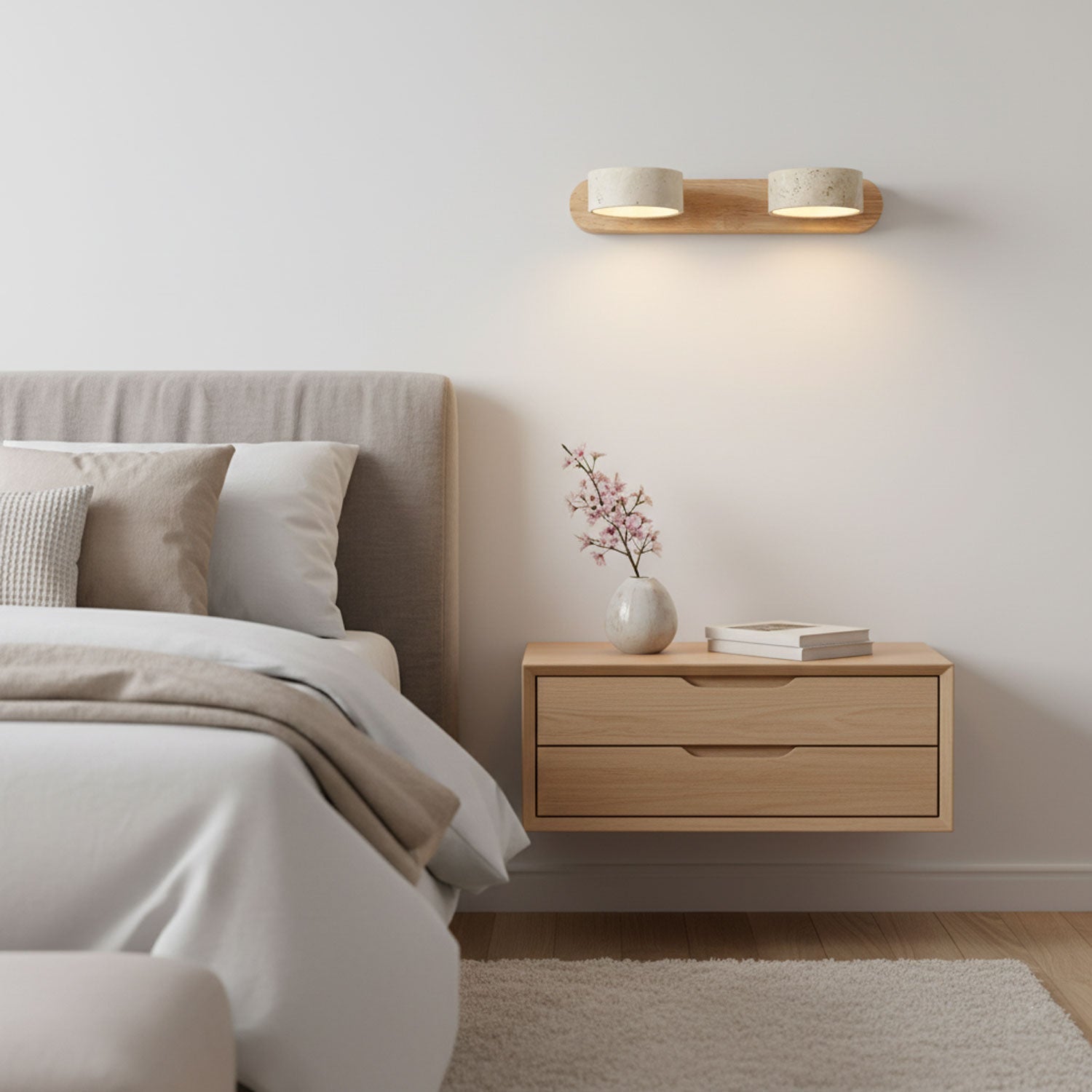 Travertijn Wandlamp Met Houten Basis En Dubbele LED Lichtbron Natuurlijke Steen Design Wandverlichting Voor Slaapkamer Hal En Woonkamer | Restfield