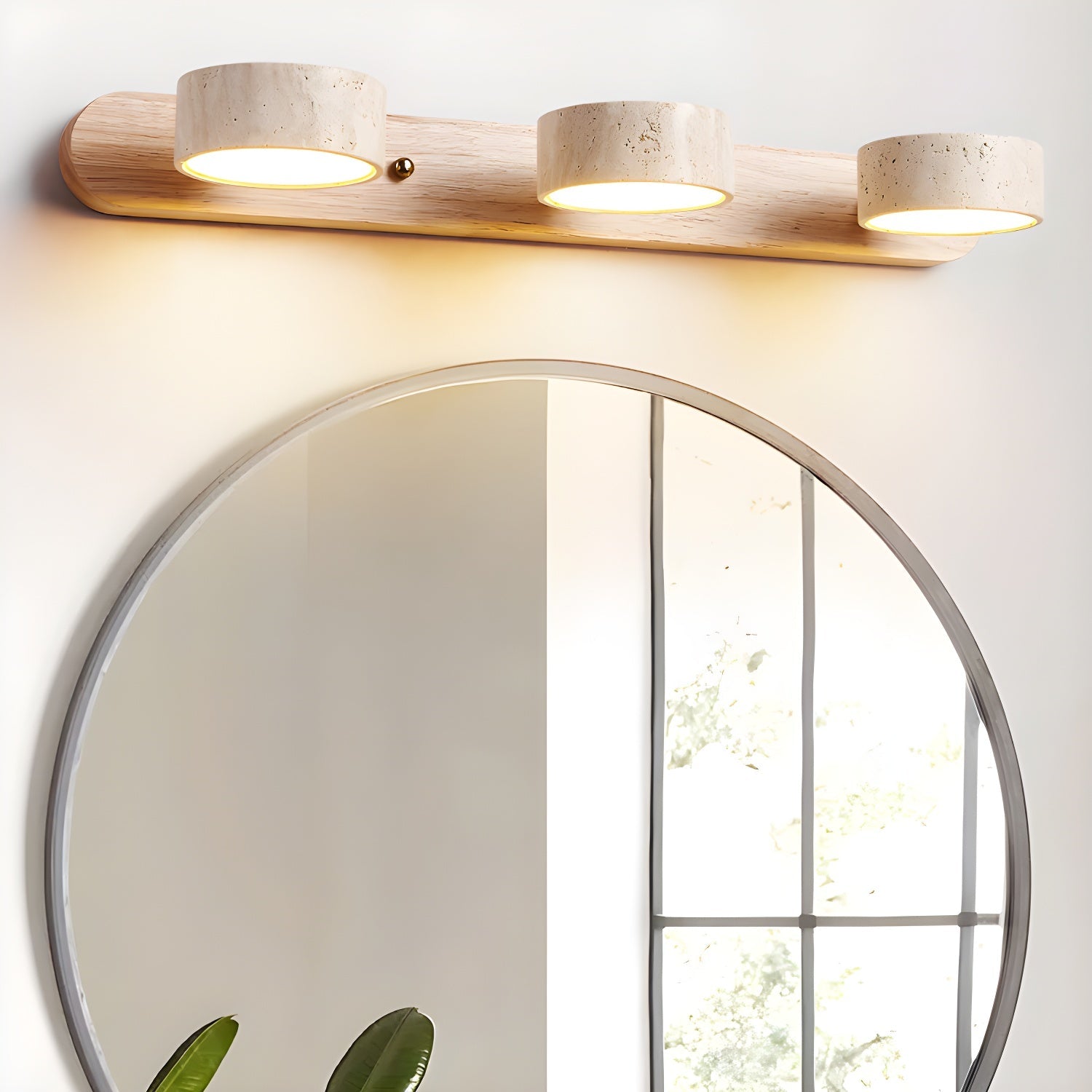 Travertijn Wandlamp Met Houten Basis En Dubbele LED Lichtbron Natuurlijke Steen Design Wandverlichting Voor Slaapkamer Hal En Woonkamer | Restfield