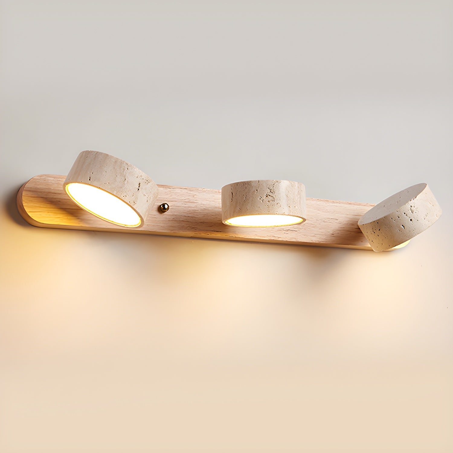 Travertijn Wandlamp Met Houten Basis En Dubbele LED Lichtbron Natuurlijke Steen Design Wandverlichting Voor Slaapkamer Hal En Woonkamer | Restfield