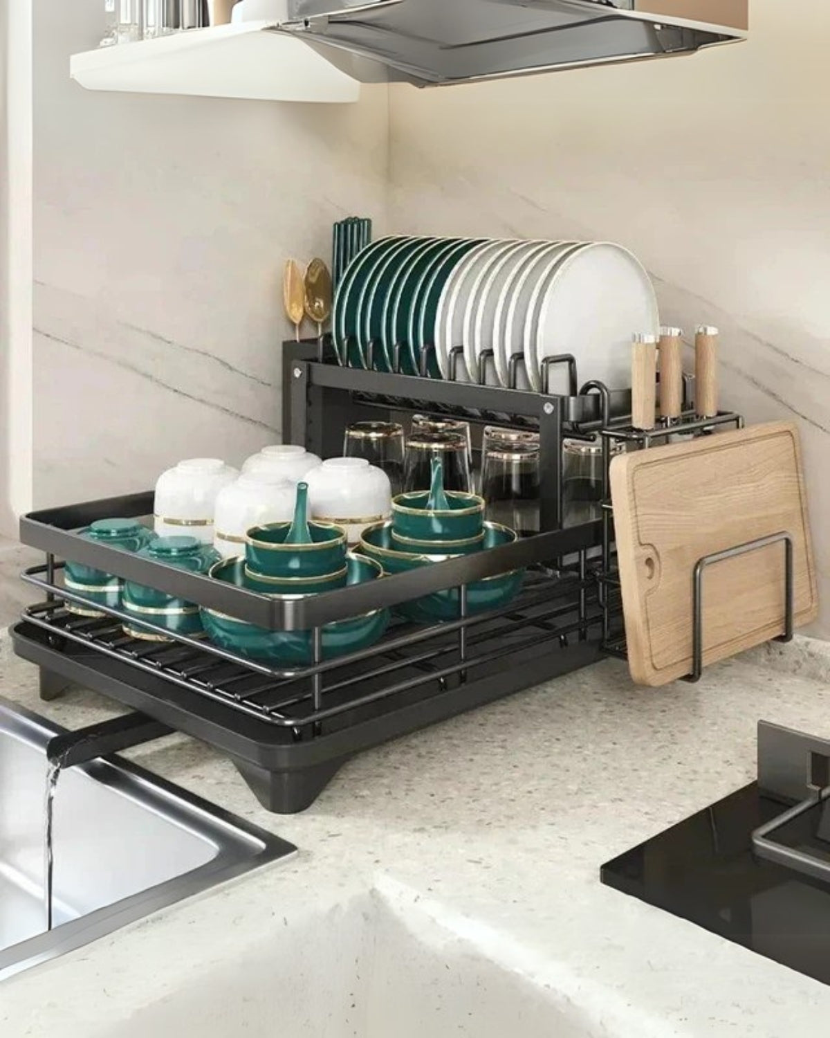 Modern afdruiprek van carbon staal met 360° draaibare afvoer – luxe keukendroogrek met meerdere niveaus | Restfield