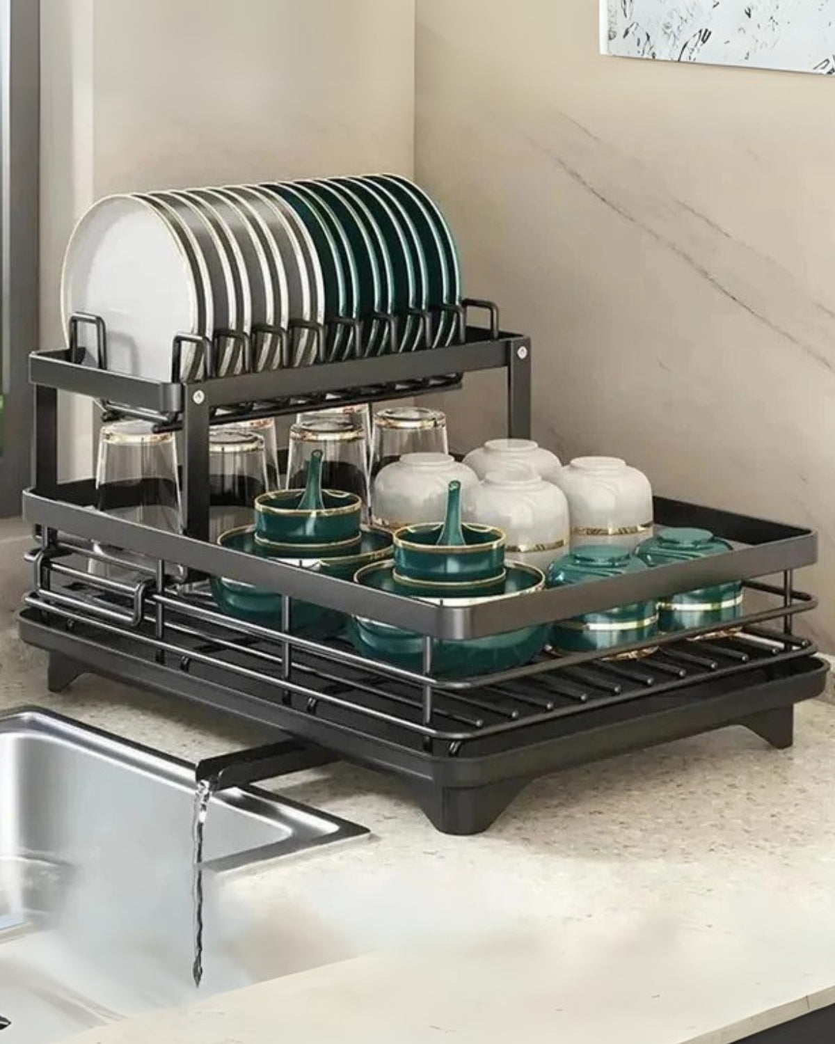 Modern afdruiprek van carbon staal met 360° draaibare afvoer – luxe keukendroogrek met meerdere niveaus | Restfield