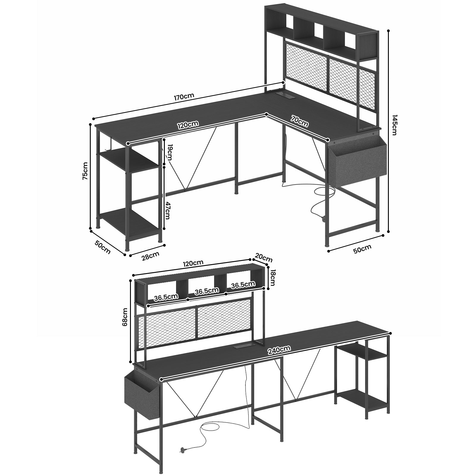 L Vormig Gaming Bureau met RGB LED, Stopcontacten en Opbergplank 170/240 cm – Walnoot Hoekbureau met Stalen Frame | Restfield