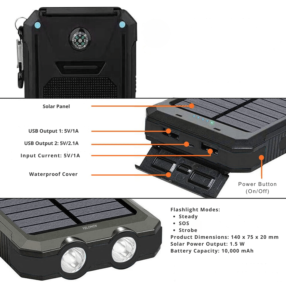 Zonnepanelen Powerbank 10000 mAh Met Waterdichte Behuizing Voor Outdoor Gebruik | Restfield