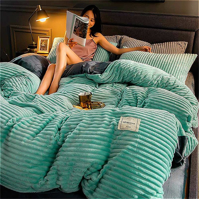 Fleece Dekbedovertrek Hoogwaardig Fleece Groen Ribpatroon Bed Slaapkamer Winter Warm Dekbedovertrekset Zacht Beddengoed | Restfield