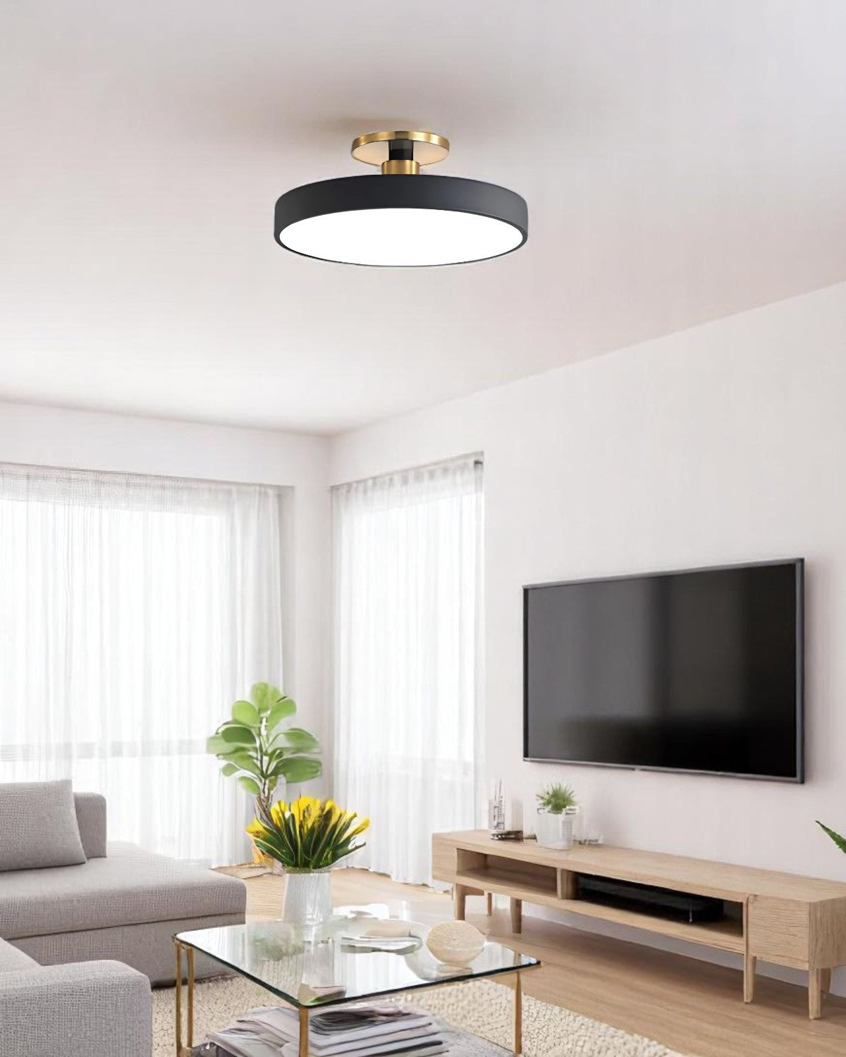 Moderne ronde plafondlamp met goud detail en acryl diffuser – minimalistische semi flush design verlichting voor woonkamer en slaapkamer | Restfield