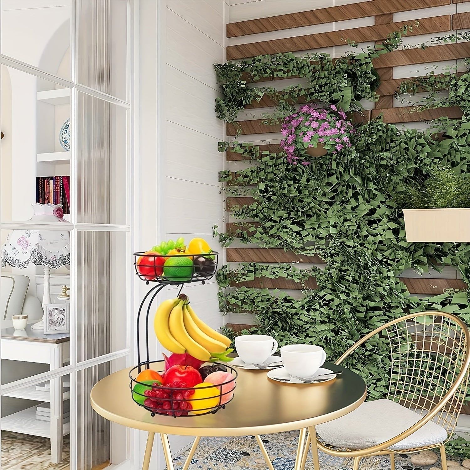 2-laags fruitmand met bananenhouder van metaal voor keuken, aanrecht en opbergen | Restfield