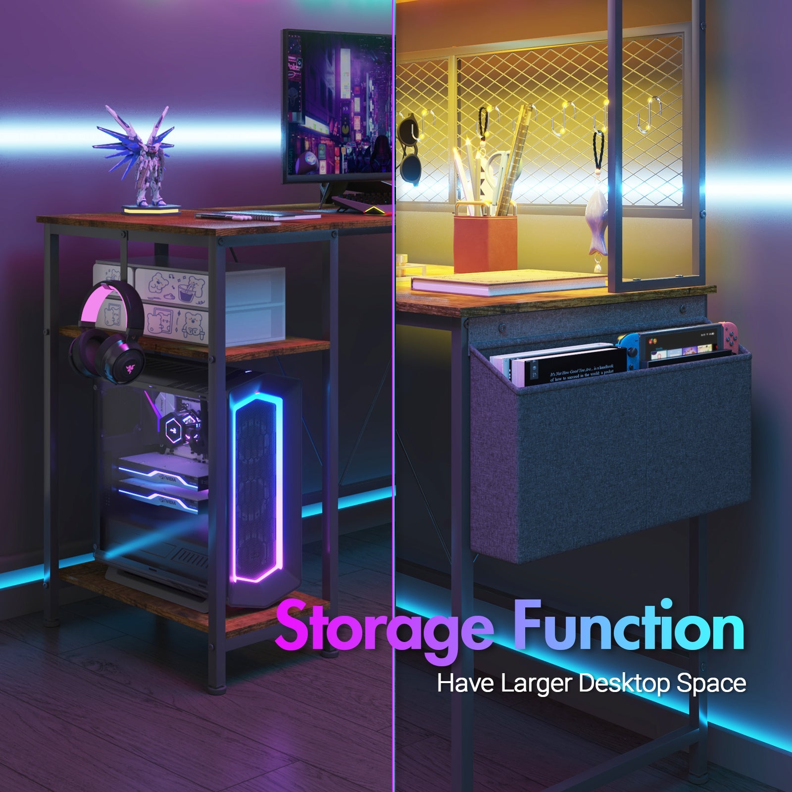 L Vormig Gaming Bureau met RGB LED, Stopcontacten en Opbergplank 170/240 cm – Walnoot Hoekbureau met Stalen Frame | Restfield