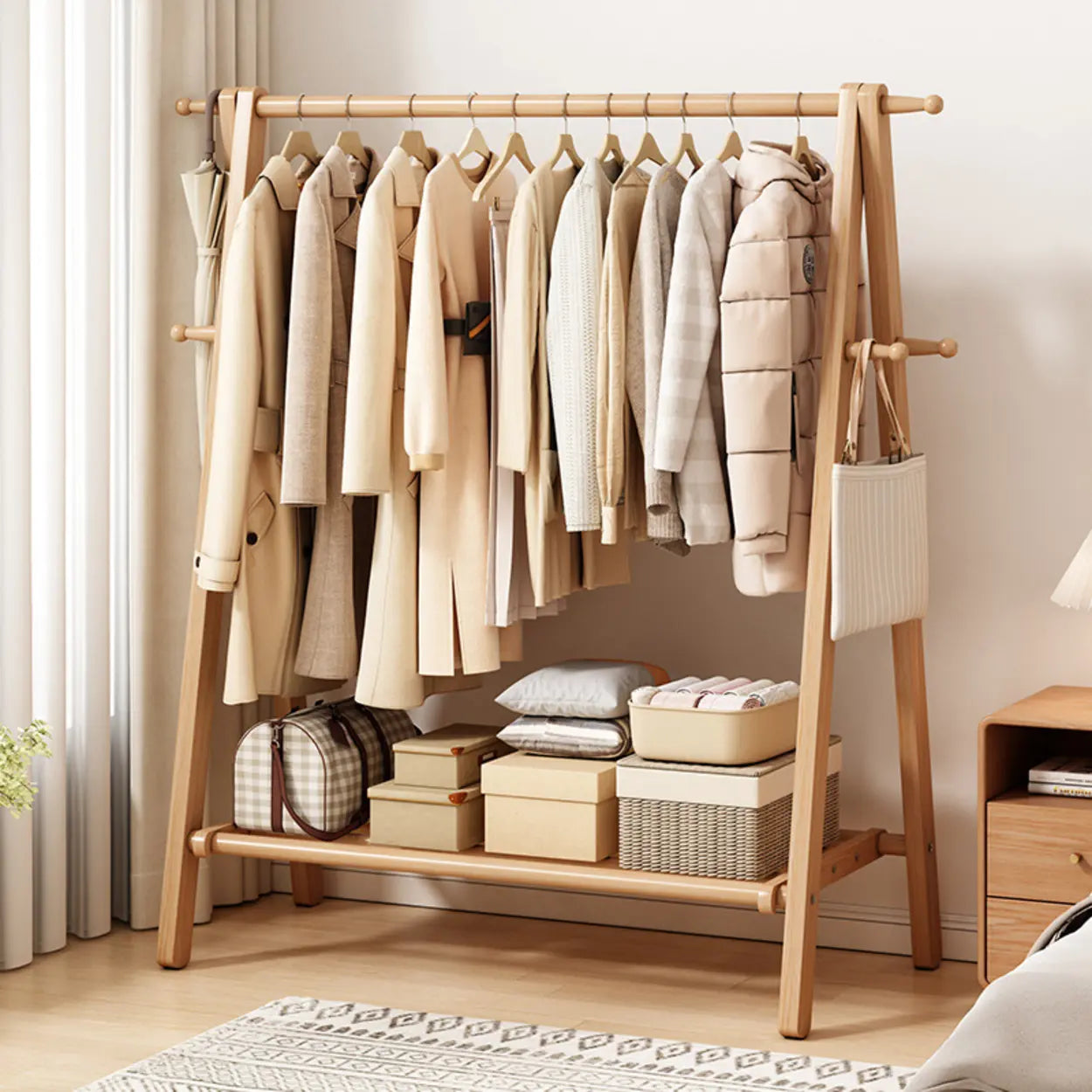 Porte-manteau bois de hêtre pliable forme A crochets étagère 150cm Entrée Chambre Naturel | Restfield