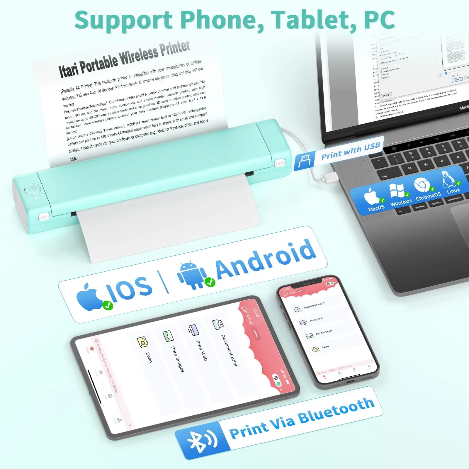 Thermische Printer Bluetooth Draadloos Inkloos Compact MK500 Mobiel Printen | Restfield