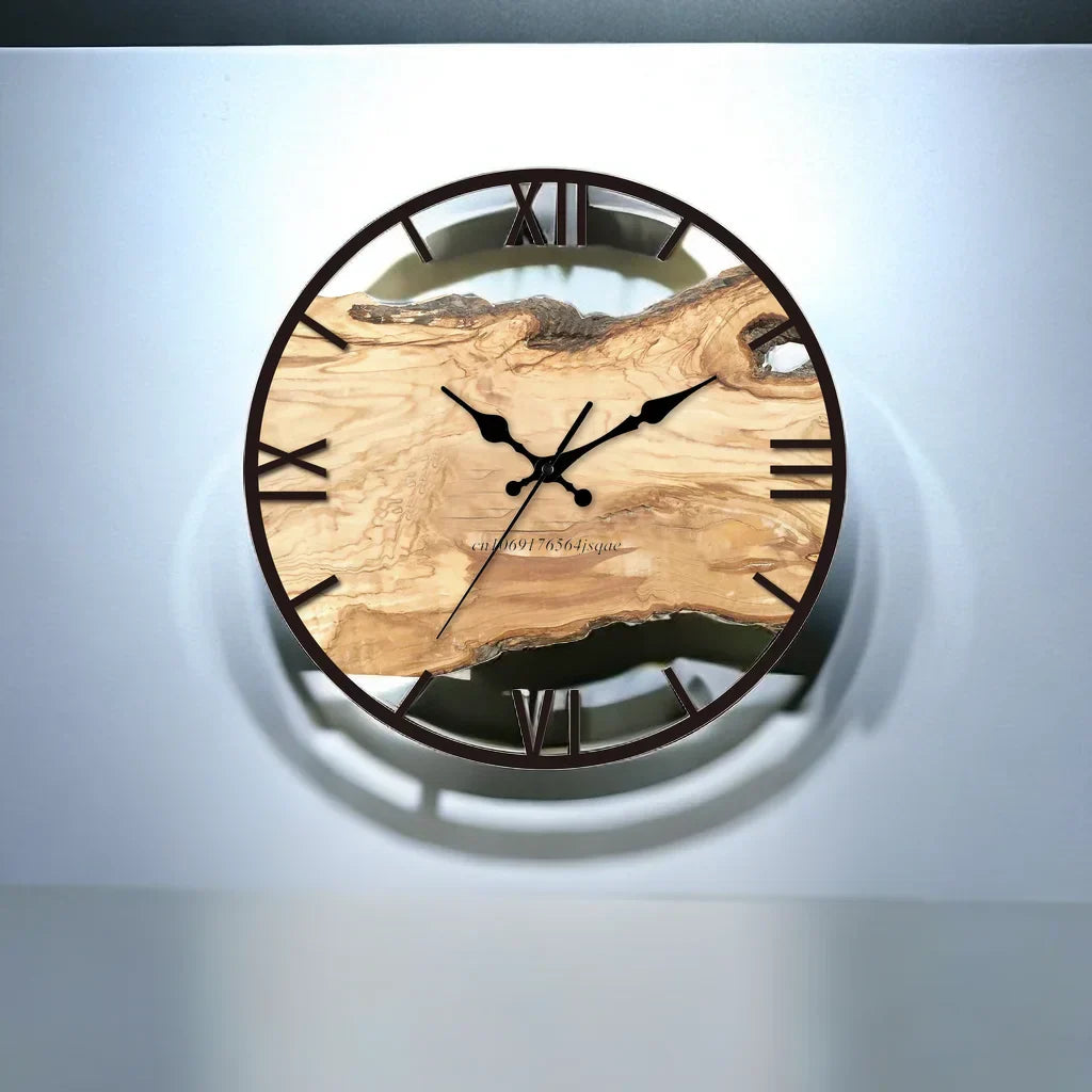 Wandklok Transparant Hout Epoxy Resin Romeinse Cijfers Stil Uurwerk Modern Woonkamer Slaapkamer | Restfield