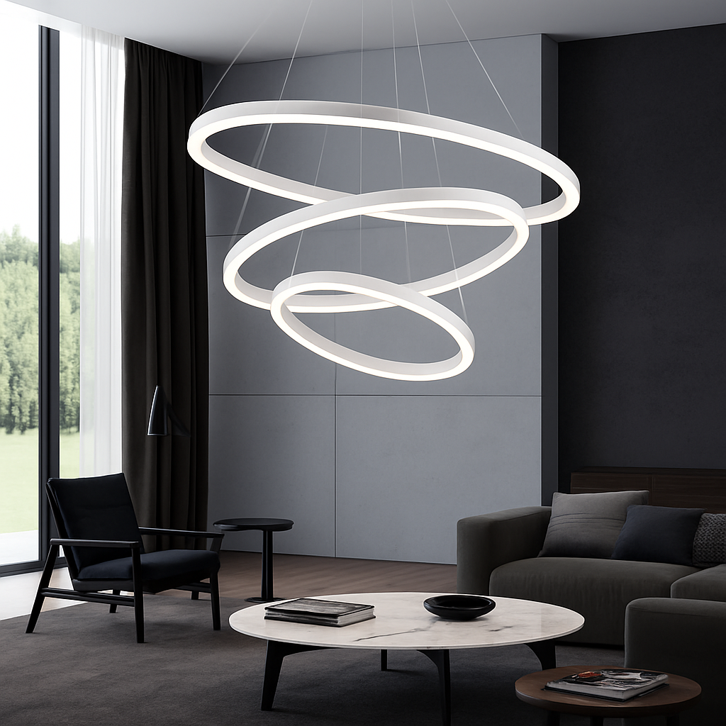 Lustre anneaux LED 3 Anneaux Blanc Salon Salle à manger Dimmable Suspension moderne Cercles Plafonnier Rond Intérieur | Restfield