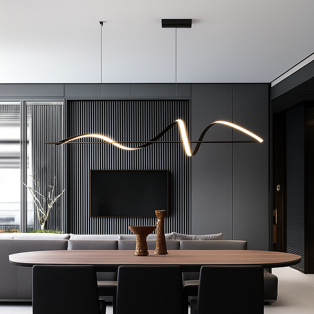 Suspension forme vague LED Alliage Noir Salle à manger Salon Dimmable Suspension moderne Linéaire Plafonnier Table Intérieur | Restfield