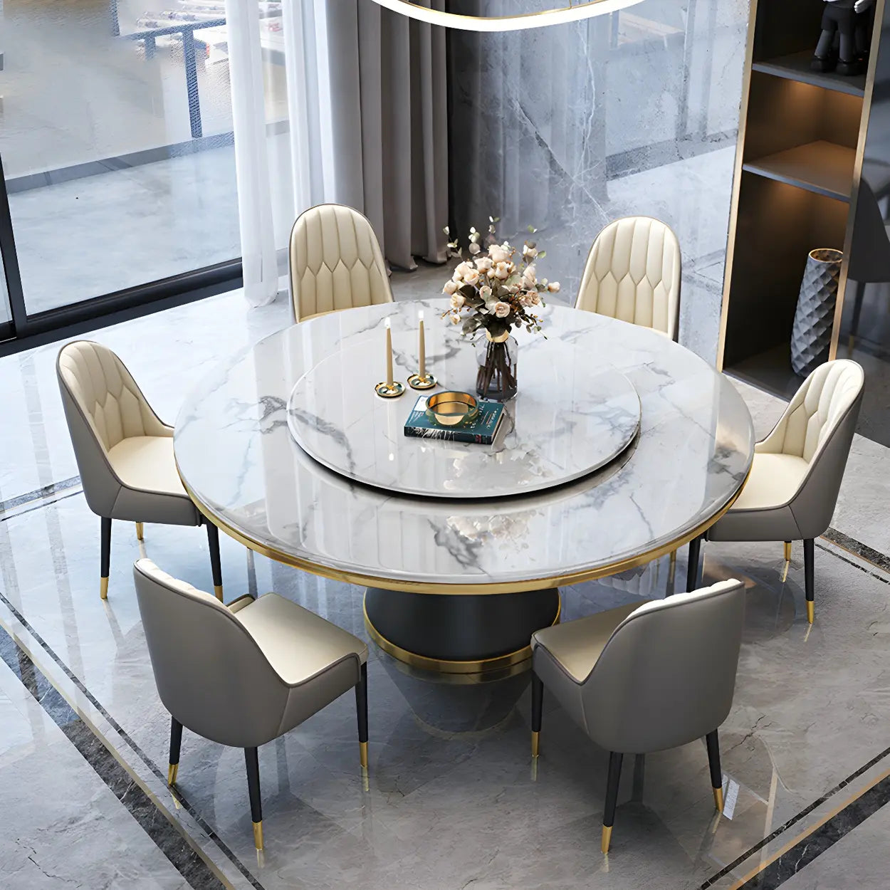 Ronde Marmeren Eettafel met Lazy Susan Draaischijf en Zwart Stalen Onderstel – Luxe Design Dining Tafel Wit 180 cm | Restfield