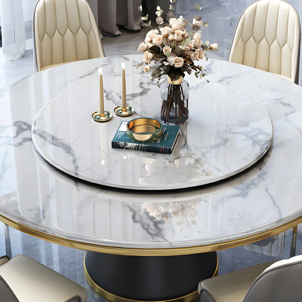 Ronde Marmeren Eettafel met Lazy Susan Draaischijf en Zwart Stalen Onderstel – Luxe Design Dining Tafel Wit 180 cm | Restfield