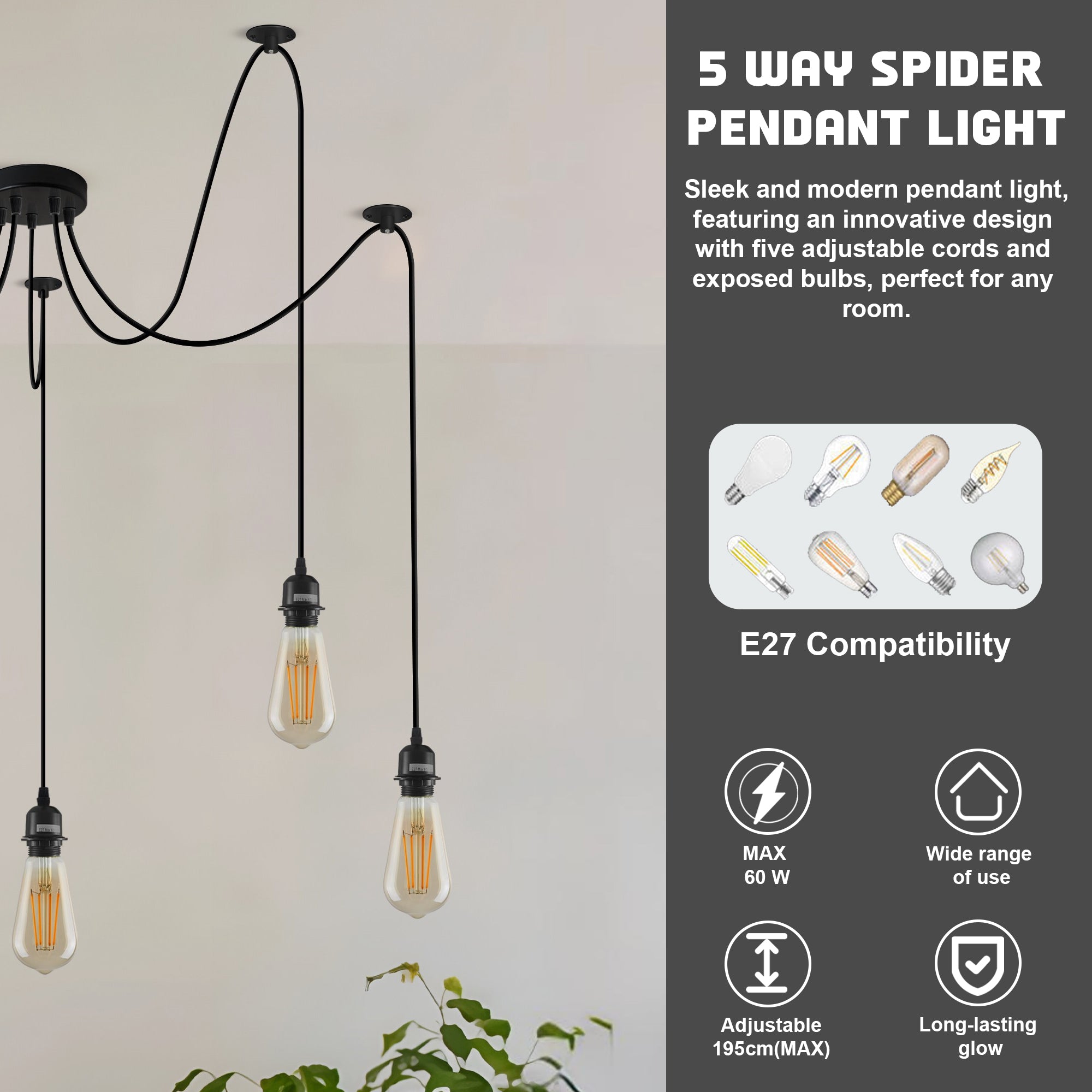 Hanglamp Spider 5-Lichts Metaal Zwart E27 Verstelbaar Vintage Industrieel Woonkamer
