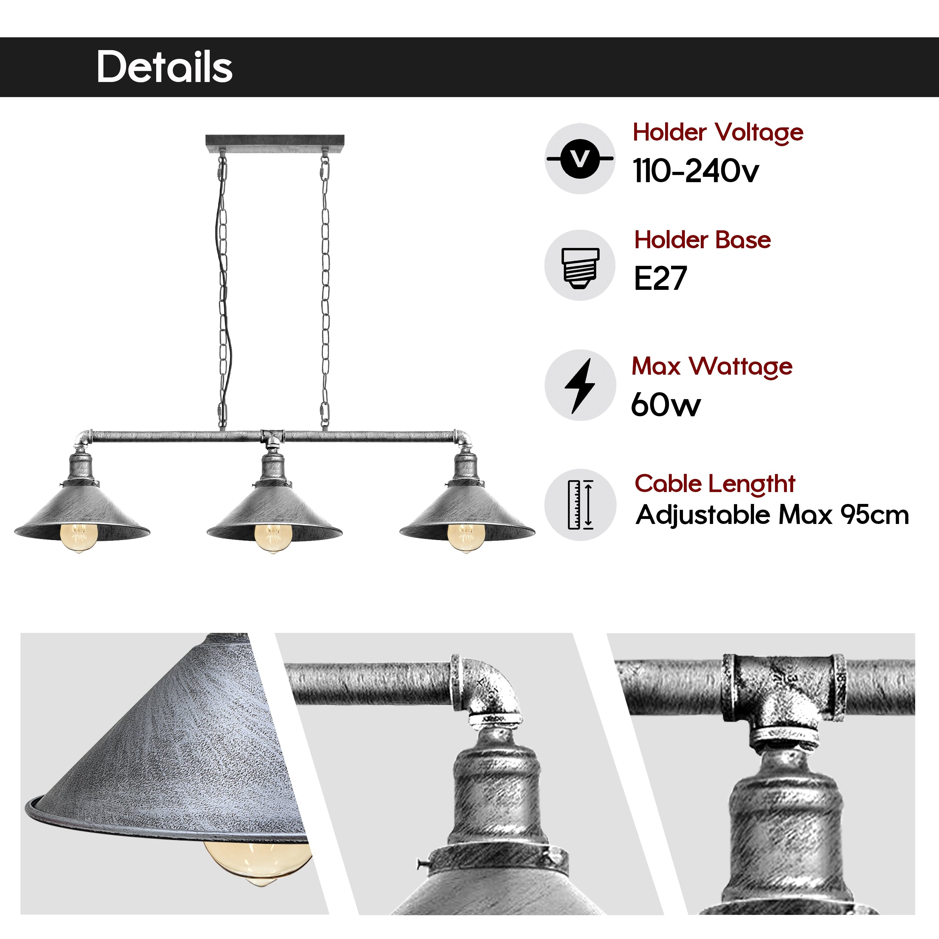 Plafondlamp Industrieel Steampunk Metaal Zwart 3-Lichts E27 Vintage Eetkamer Keuken