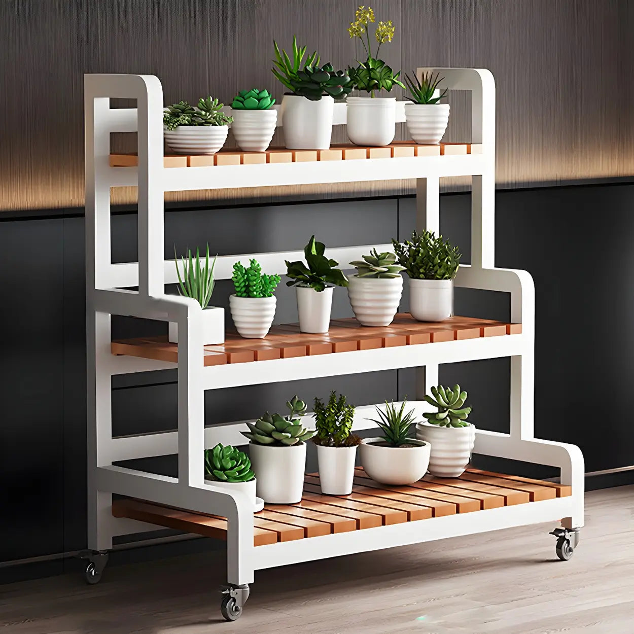 Zwarte Houten Plantenstandaard met 3 Lagen en Optionele Wielen – Rechthoekige Plantentafel voor Binnen | Restfield