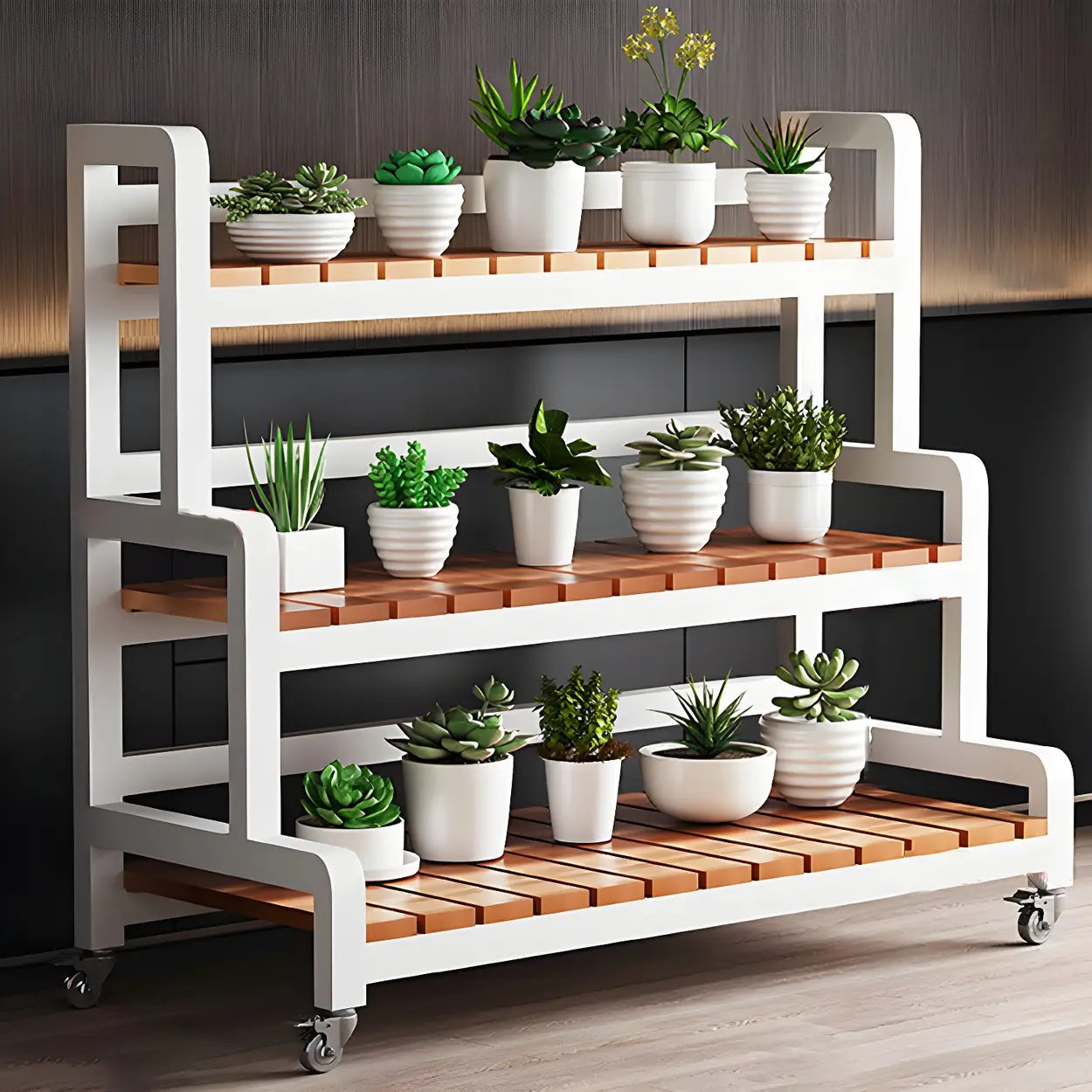 Zwarte Houten Plantenstandaard met 3 Lagen en Optionele Wielen – Rechthoekige Plantentafel voor Binnen | Restfield