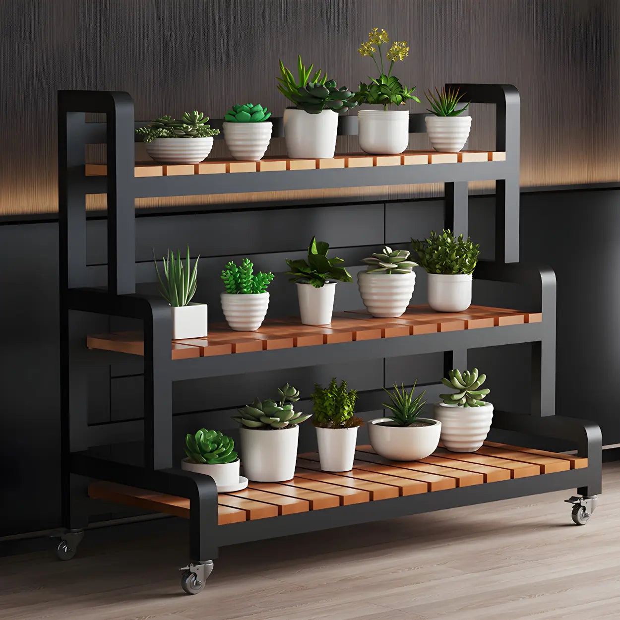 Zwarte Houten Plantenstandaard met 3 Lagen en Optionele Wielen – Rechthoekige Plantentafel voor Binnen | Restfield