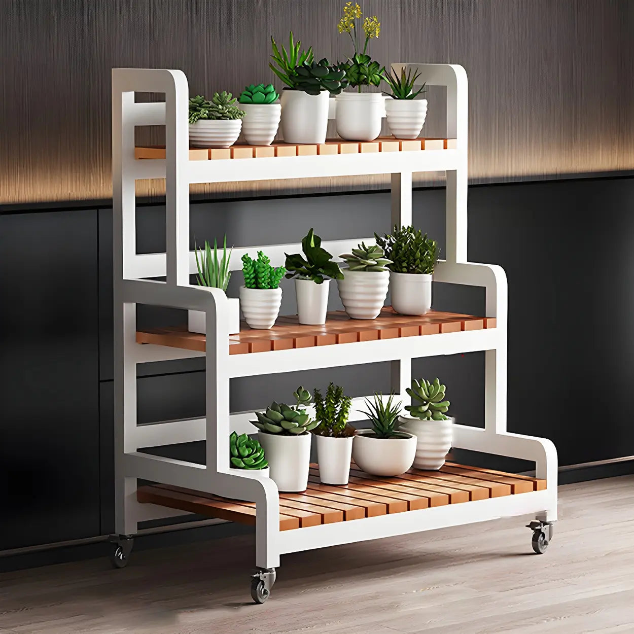 Zwarte Houten Plantenstandaard met 3 Lagen en Optionele Wielen – Rechthoekige Plantentafel voor Binnen | Restfield