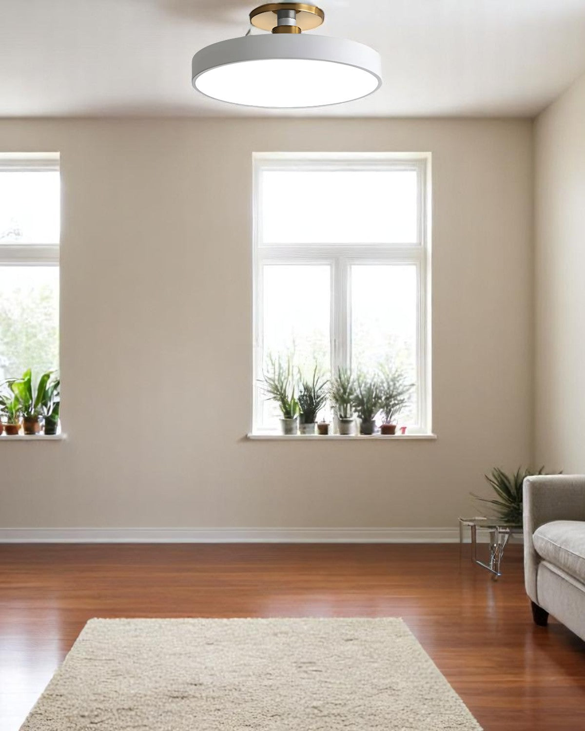 Moderne ronde plafondlamp met goud detail en acryl diffuser – minimalistische semi flush design verlichting voor woonkamer en slaapkamer | Restfield