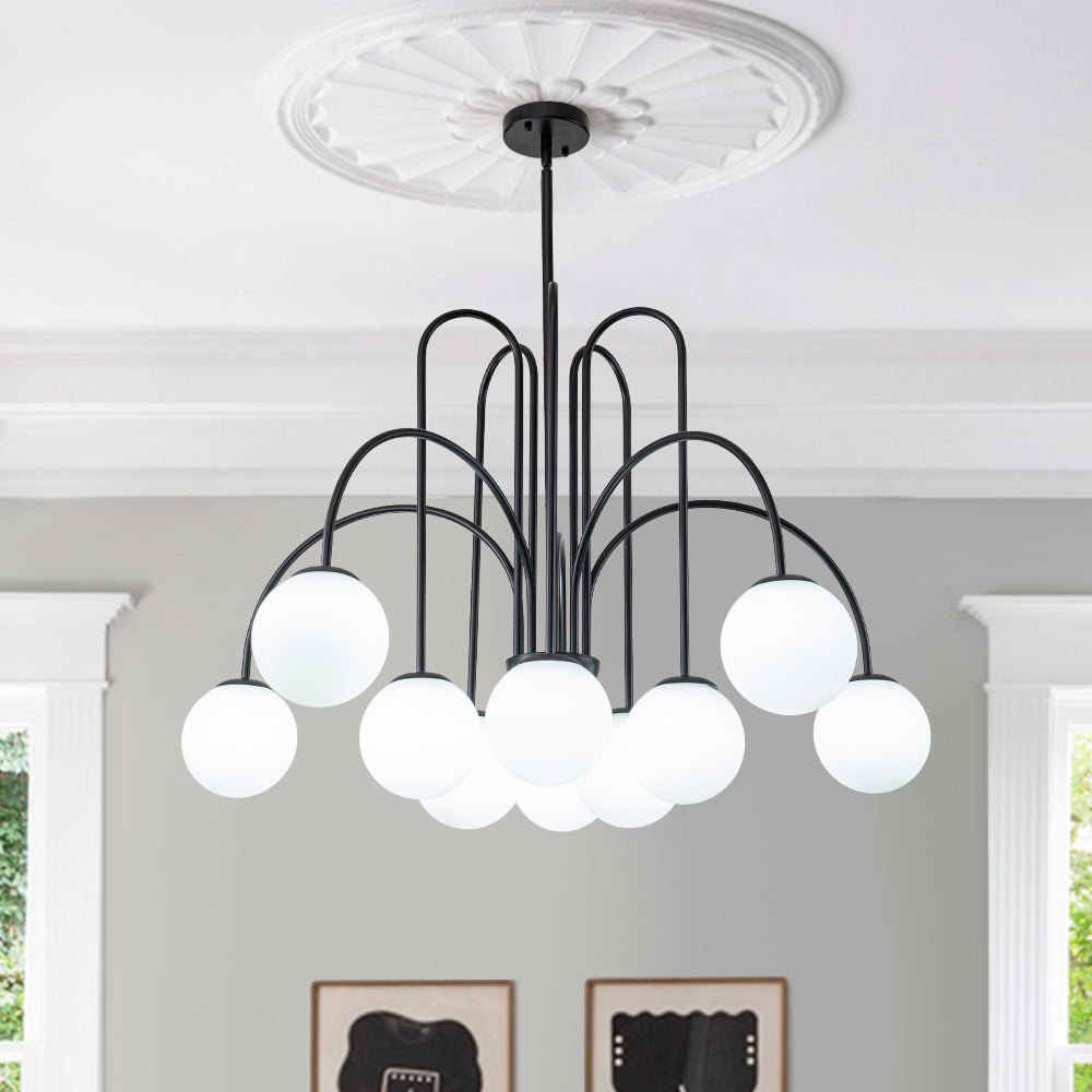 Kroonluchter Swirl 10-Lichts Opaal Glas Zwart Messing 98cm Eetkamer Woonkamer Dimbaar