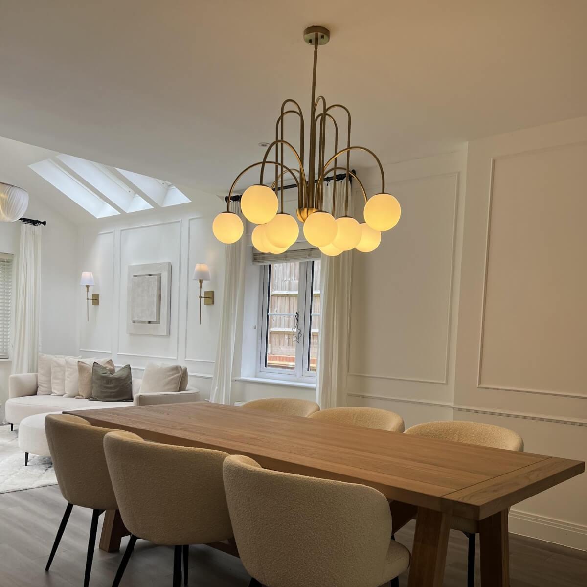 Kroonluchter Swirl 10-Lichts Opaal Glas Zwart Messing 98cm Eetkamer Woonkamer Dimbaar