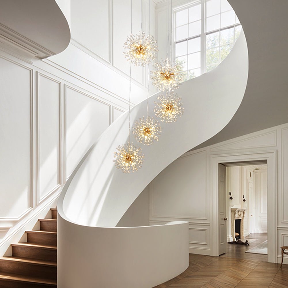 Kroonluchter Vuurwerk Paardenbloem Messing 3 of 5 Bollen 24-40 Lichts Hal Woonkamer Dimbaar