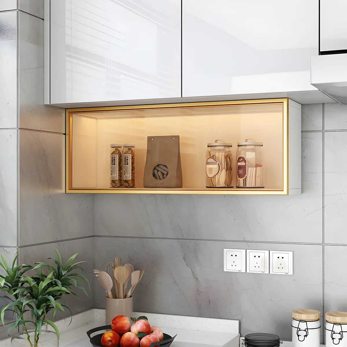 Armoire murale porte en verre bois blanc gris 5 tailles LED Cuisine Salon Vitrine | Restfield