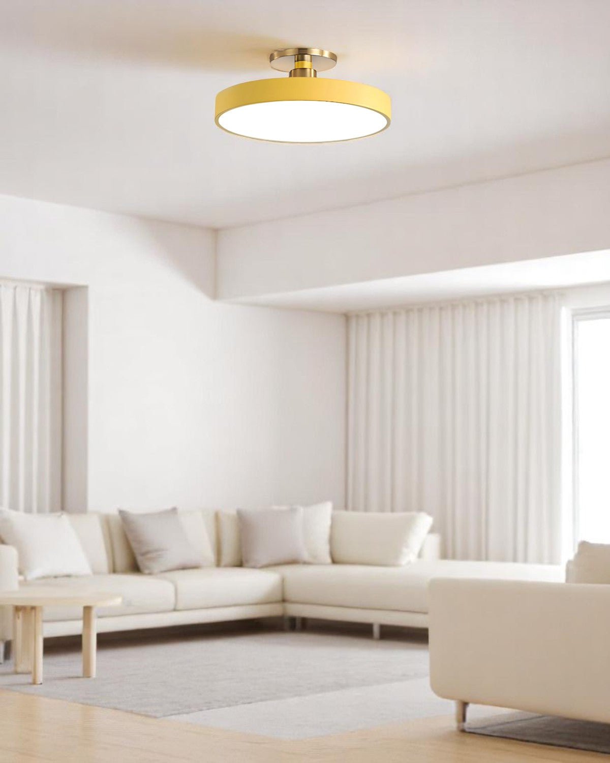 Moderne ronde plafondlamp met goud detail en acryl diffuser – minimalistische semi flush design verlichting voor woonkamer en slaapkamer | Restfield